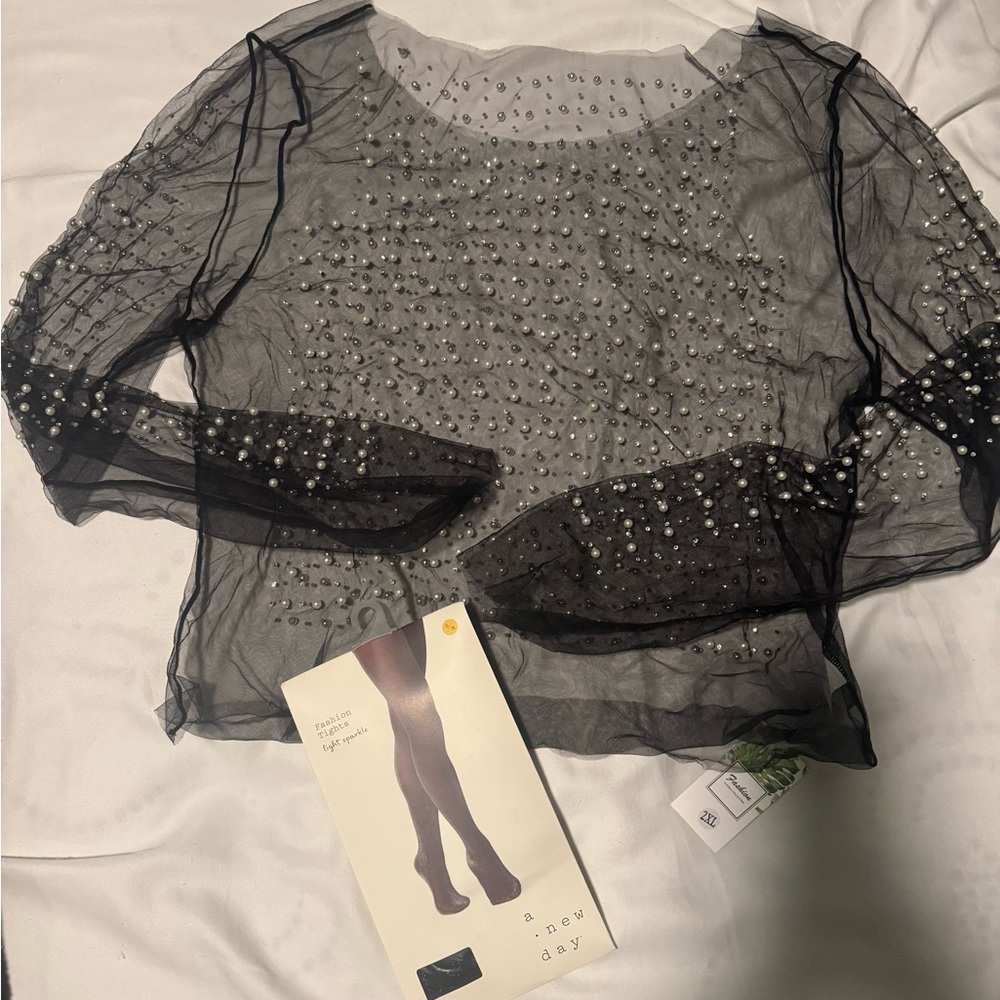 A New Day tights and black sheer top with Pearl Embellishments